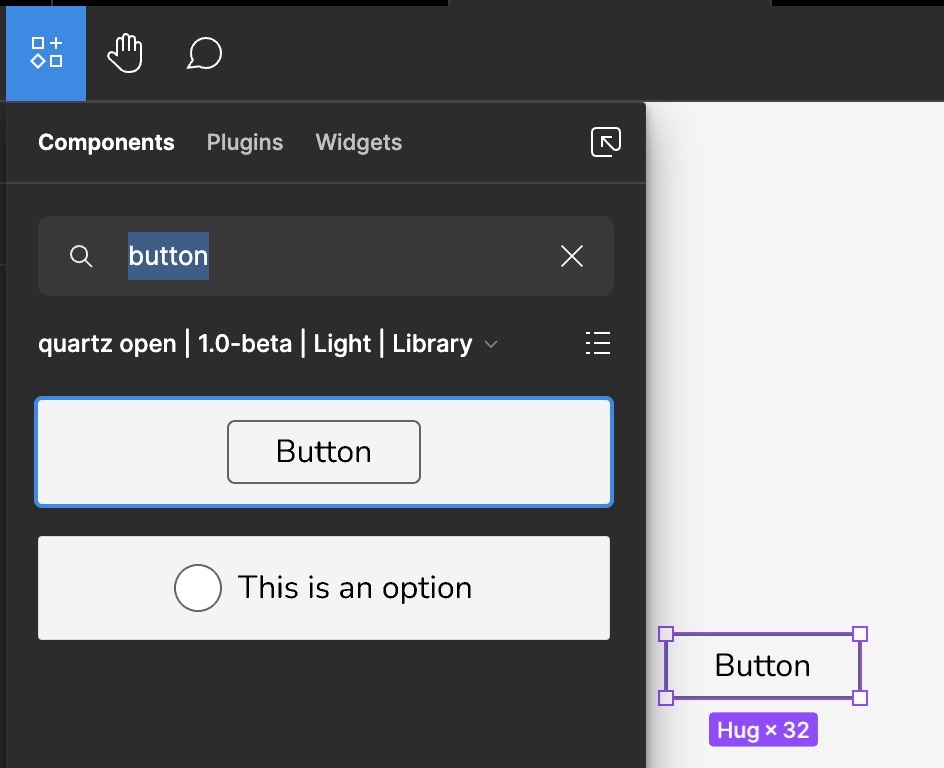 The Resources drop-down showing the result of searching for 'button' and drag and dropping it on the canvas.