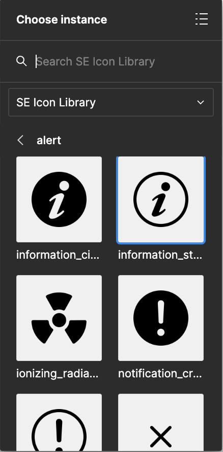 Selecting a library in the Figma instance menu of the 'icon-name' component property.