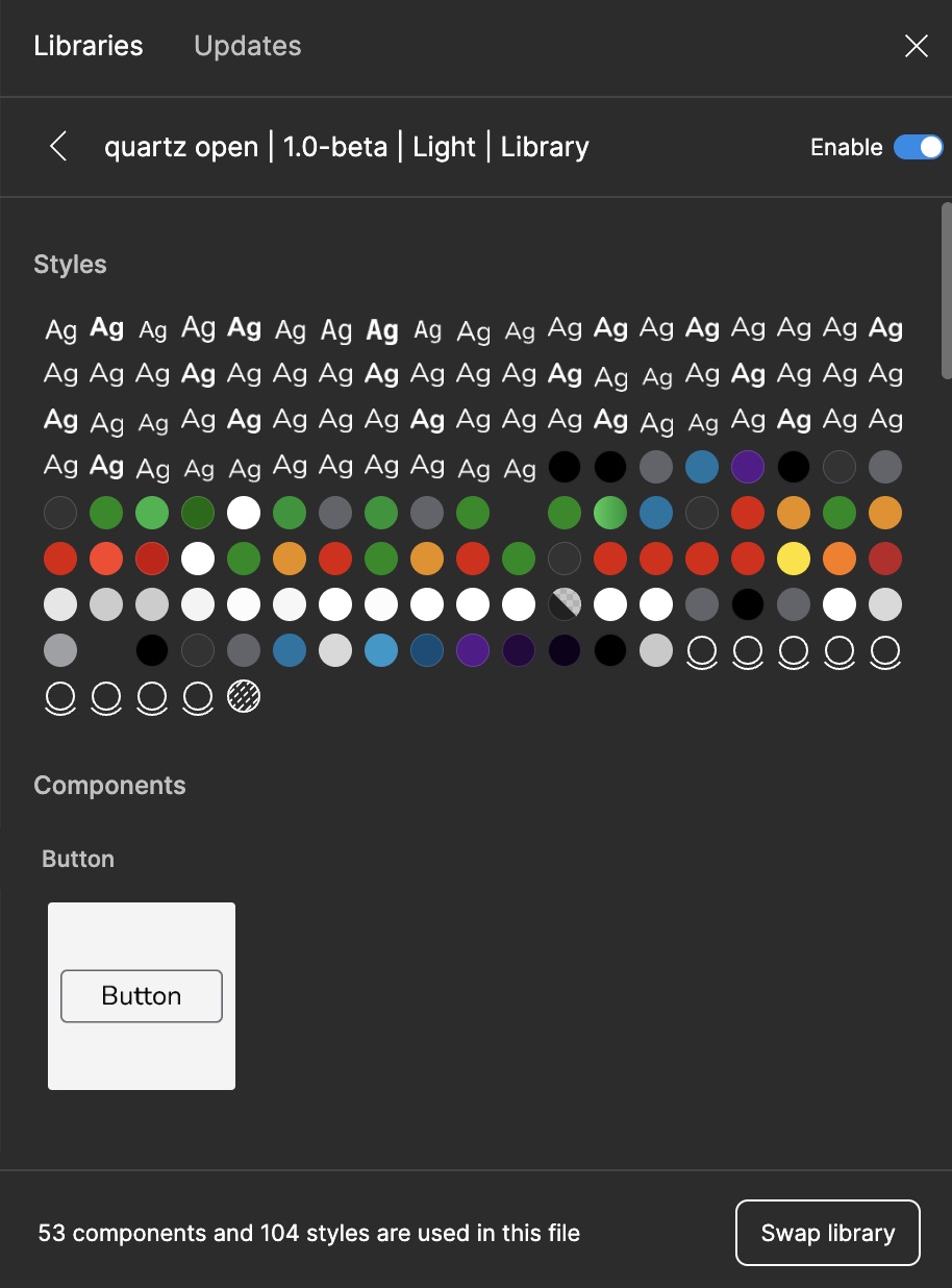 The 'Swap library' button in the lower-right corner of the Figma 'Libraries' window.